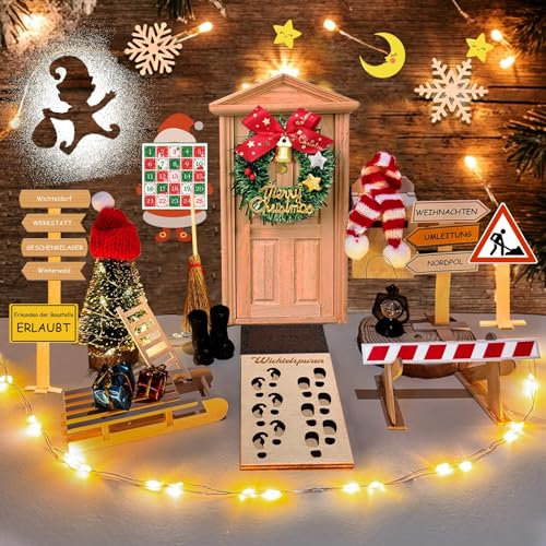 Wichteltür Set - Wichteltür Komplettset mit Licht, Baustelle Miniatur Wichtel Zubehör Weihnachten, Interaktive Karten Adventskalender, DIY Geschenk für Kinder, Weihnachtsdekoration