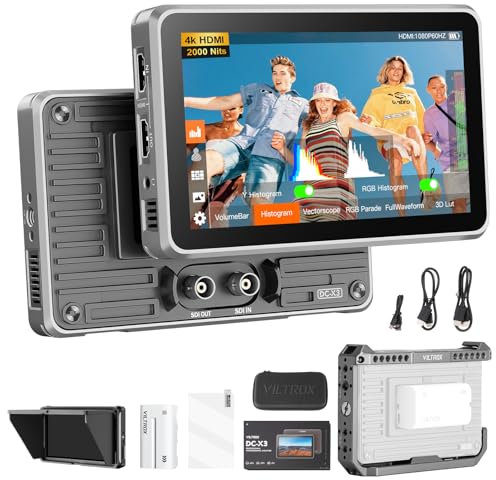 VILTROX DC-X3 DCX3 External Camera Field Monitor Rig Cage 4K para Cámara 6 Pulgadas 2000Nit HD Monitor Camera HDMI/3G-SDI,Full HD 1920x1080 IPS,3D LUT con Batería,Parasol para DSLR Sony Canon Nikon