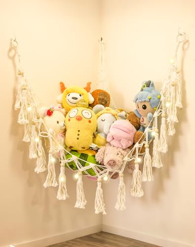 Kuscheltier Aufbewahrung Netz Makramee Stofftier Hängematte mit LED-Lichterkette Hängend Spielzeug Organizer für Kinderzimmer Schlafzimmer, Stofftiernetz Kuscheltier Netz für Plüschtiere und Teddybäre