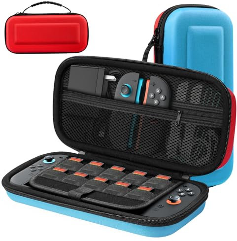 TiMOVO Tasche für Nintendo Switch 2 (2025), große schützende Harte Tragetasche Hülle Case für Switch 2, Schutzhülle mit Speicherplatz für 10 Spiele, Konsole & Zubehör, Blau+Rot