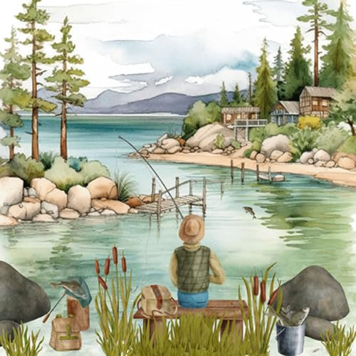 Servietten Papier 33x33cm 3-lagig 20 Stück Angler am Bergsee - hochwertig & nachhaltig - Einweg Papierservietten - Servietten für Naturfreunde Gastronomie Alltag - Motiv See Landschaft Berge