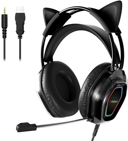 Wantek Cute Cat-Ear Gaming Headset - 50mm Drivers, Noise-Cancelling Mic, 3.5mm Wired Stylish & Lightweight Design for Xbox Ps4&5 (Black)