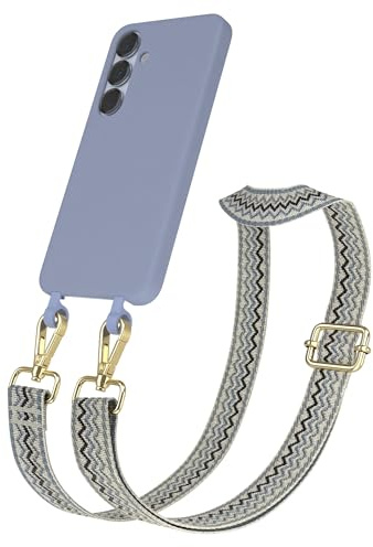 EAZY CASE - Hülle mit Band kompatibel mit Samsung Galaxy S25 Handyhülle für Galaxy S25 Silikonhülle mit Mikrofaser Handykette zum Umhängen 2in1 Hülle Handykordel Wellen - Beige Blau Metall Gold