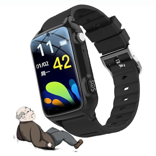 Fall Alert Devices Elderly Fall Detection 4G Smart Watch Fall Alarm IP67 Waterproof Fitness Tracker SOS GPS Location Video Call Alarm Clock for Dementia Alzheimer's (Black)