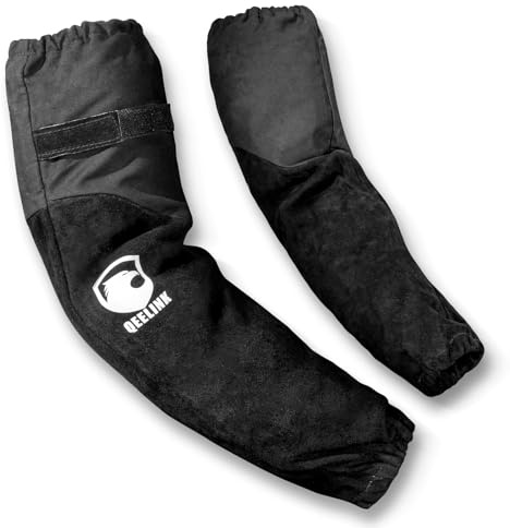 QeeLink Schweißer Ärmel Leder, Flammhemmend Schweißerstulpen, Groß, Schwarz | Hitzebeständig, Flammenbeständig, Mit Kevlar genäht, Mit Baumwollfutter