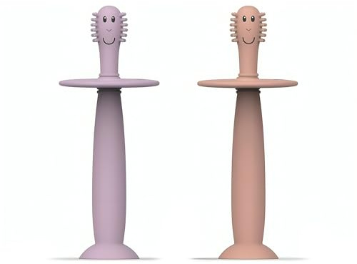 Matchstick Monkey Training Toothbrush with Stopper, for Independent Brushing, Easy to Grip Soft Silicone Handle, Antimicrobial Protection, 3 Months +, Dusty Pink & Lilac