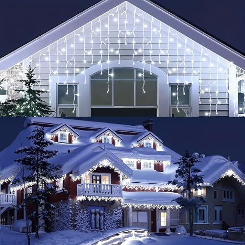 Rintea Eisregen Lichterkette Außen 10+3M, 400 LED, 8 Modi mit Timer, Wasserdicht LED Lichtervorhang, Weihnachtsbeleuchtung für Traufe Fenster Geländer Vorbau