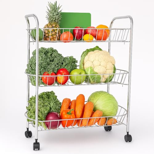 BURAKH 3/4 Tier Kitchen Storage Trolley – Rolling Fruit & Vegetable Basket Rack with Wheels – Metal Utility Cart for Pantry, Bathroom, or Office Use (3 Tier)
