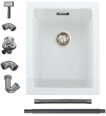 iAnomla Fregadero Cocina Blanco, 30 X 40 cm, Fregadero Bajo Encimera de Granito de Una Cubeta, Para Empotrar O Bajo Encimera, Con Rebosadero Y Desagüe, Apto Para Estaciones de Trabajo Y Barra