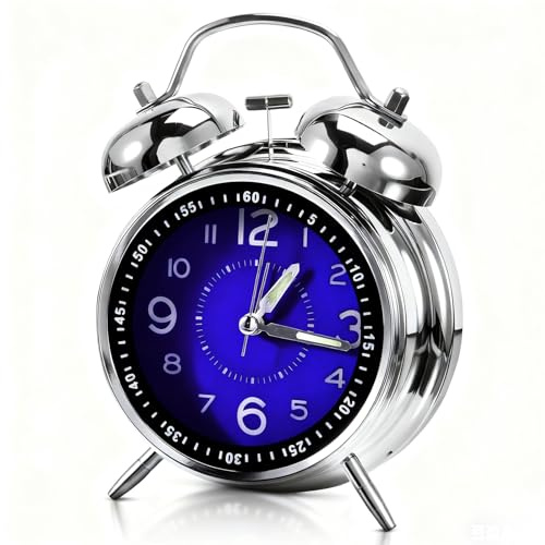 4 Loud Alarm Clock for Heavy Sleepers with Backlight, Twin Bell, Silver | 100dB extra loud, battery operated, continuous alarm, no ticking, luminous hands, separate dials, metal casing, retro design