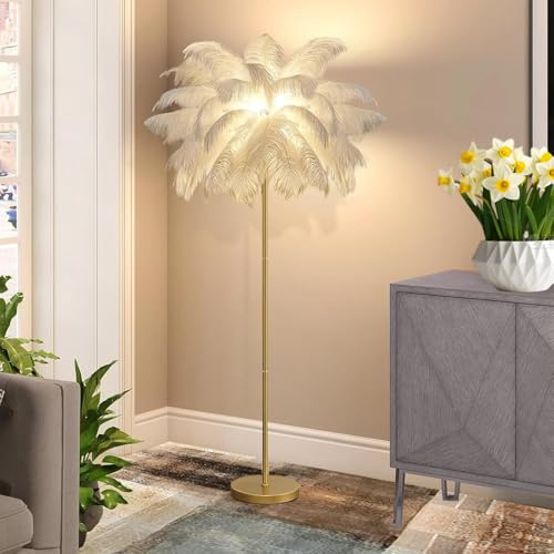 Federlampe Stehlampe aus Natürlichen Straußenfedern, 3-Farbig Dimmbarem