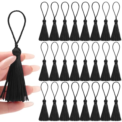 NACHLYNN 24 Stück 11CM handgefertigte Seidenquasten zum Basteln mit 5CM Schlaufen 6CM Quasten für Schlüsselanhänger DIY Schmuck Lesezeichen Ohrringe Bastelzubehör Anhänger(Schwarz)