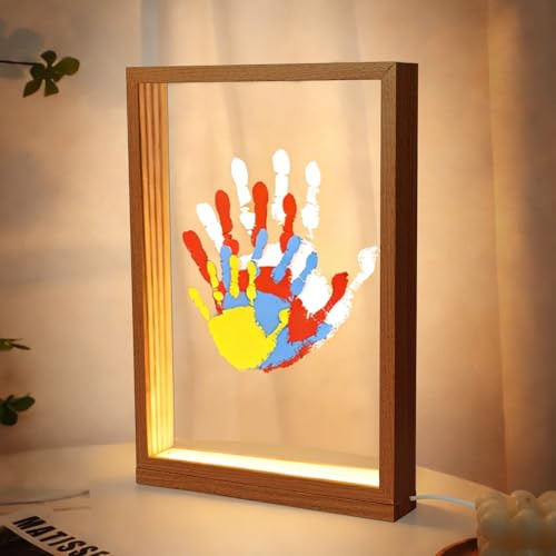 Handabdruck Set Familie mit LED Nachtleuchte - Fußabdruck Baby Newborn Baby Fussabdruck Set mit 4 PS-Platten, handabdruck set für paare,Ungiftige Farben, Holzrahmen Zum Basteln für Geschenk (A)