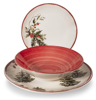 H&H, Set Tavola Natale Red Berries 18 Pezzi – Piatti in Stoneware con Motivi Natalizi Tradizionali, Perfetto per il Natale e le Occasioni Speciali Invernali