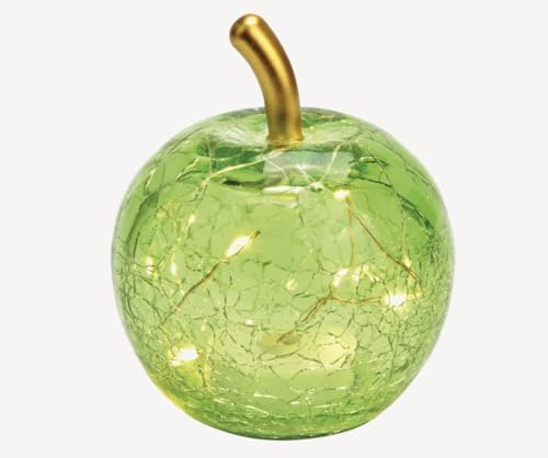 Seyila Home Dekorative Glas Apfel Leuchte mit LED Beleuchtung und Timer (unten), Crackle-Effekt Glas, Goldener Stiel, Weihnachtsdeko, Lampe (Hellgrün, 22 cm)