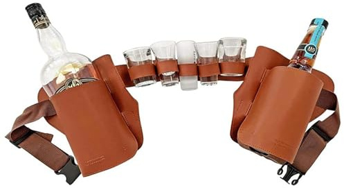 Adventure Beer Holder Belt - Waist-Mounted for 5 Shots & 2 Bottles, Sturdy Stitching, Perfect for Camping, Travel & BBQs(Brown)