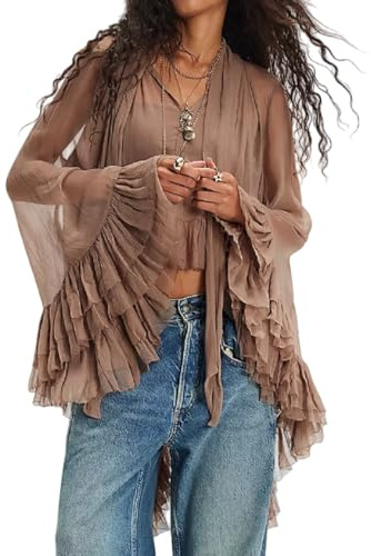 NUFIWI Women Full Sleeve Frill Tops Sexy See Through Sheer Ruffle Trim Blouse Tops Self Tie Neck Shawl Shirts Top(Brown,S)