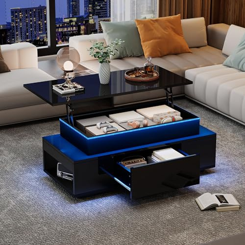 Coolfish Led Coffee Table with Drawer Storage, High Gloss Center Table for Living Room with Hydraulic Mechanism & Drawers, Multi-Functional Side Table for Living Room Office, 96x45x40cm, Black