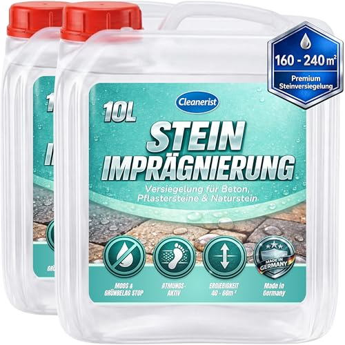 Cleanerist | 2x 10L Steinimprägnierung Versiegelung für Pflastersteine Beton & Naturstein – Wasserabweisender Schutz gegen Moos Grünbelag Atmungsaktiver Abperleffekt Terrassen Fassaden Profi Qualität