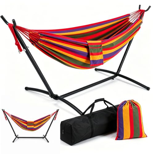 Sekey Hängematte mit Gestell, 150x200cm XXL-Liegefläche, Kokon-Effekt Baumwollhängematte, Tragkraft bis 200 kg, Höhenverstellbar, inkl. 2 Tragetaschen für Garten, Balkon & Camping,Regenbogen