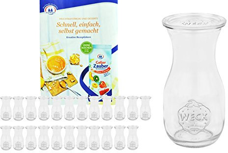 MamboCat 24er Set Weckgläser Saftflaschen mit Deckel 290 ml I Original Weck Glasflasche I Einweckflaschen mit Deckel für Säfte Saucen Öle UVM I inkl. Diamant-Zucker Gelierzauber Rezeptheft