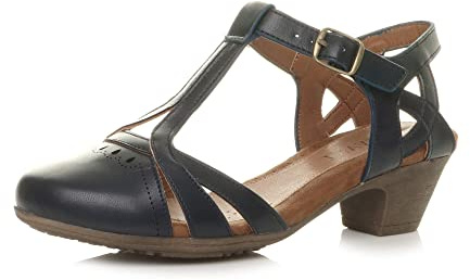 AJVANI Womens ladies mid block heel cut out T-bar smart work casual summer ankle strap comfort brogue shoes sandals size.