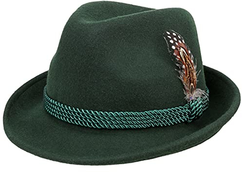 Lipodo Trachtenhut Jagdhut 100% Wollfilz Oktoberfesthut mit Kordel Almhut mit Feder Tirolerhut Damen Herren Sommer Winter dunkelgrün 56 cm