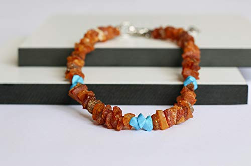 amber-us Bernsteinkette für Hunde aus Roh Baltischer Bernstein mit türkis verziert | Zeckenhalsband | Bernstein Gegen Zecken | Zecken und Flohschutz Halsband (45-50 cm)
