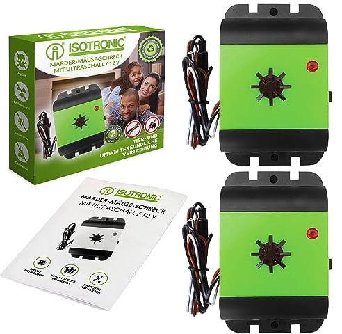 ISOTRONIC Marderschreck Auto mit Ultraschall 2er Set | effektiver Mardervertreiber zum Anschluss an 12V Autobatterien | sofortiger & langfristiger Marderschutz im Motorraum, einfache Montage