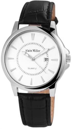 ALAIN MILLER Herrenuhr Silber Schwarz Analog Datum Metall Leder Quarz Armbanduhr