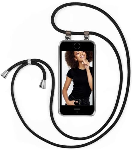 moex Handykette für iPhone 5s / 5 / SE (2016) Hülle mit Band abnehmbar, Handyhülle mit Kette zum Umhängen, Handyband 155 cm lang Stoff Kordel Umhängehülle, Handy Umhängeband, Schwarz