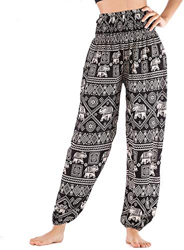 Nuofengkudu Damen Baumwolle Haremshose mit Taschen Boho Gemustert High Waist Leichte Baggy Yogahose Freizeithose Sommer Strand Festlich Pluderhose(Schwarz Elefant,Einheitsgröße)