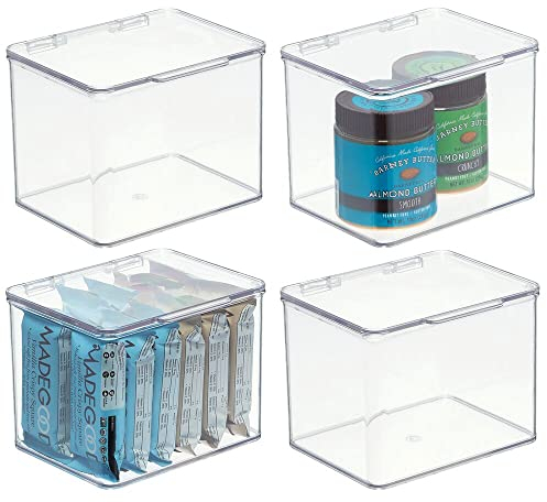 mDesign Küchen Organizer – stapelbare Vorratsdosen für Küchenregal und Vorratskammer – Kühlschrankbox aus BPA-freiem Kunststoff mit Klappdeckel – 4er-Set – durchsichtig