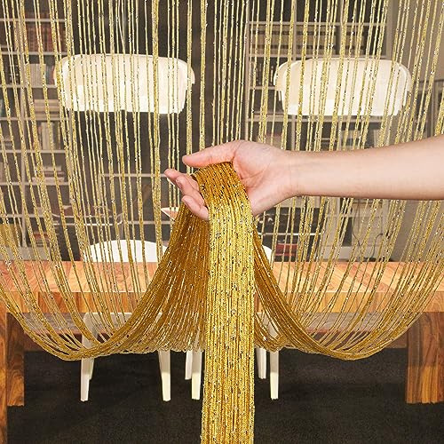 Vagasi 118 x 100 Inch Gold String Curtains for Doorways - Glitter Fringe Panels Beaded Curtain Room Divider for Dining, Closet Doors, Living Room
