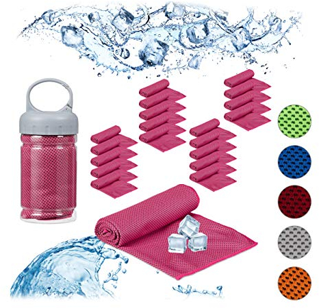 Relaxdays 20 x Kühlendes Handtuch, Mikrofaser, Kühltücher Hals, Sport & Fitness, mit Box, Kühlhandtuch Yoga, 90 x 30 cm, pink
