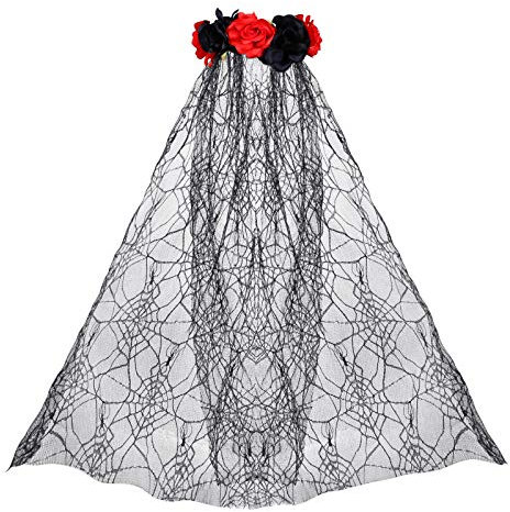 LIHAO Halloween Cerchietto Giorno dei Morti Fascia per Capelli con Velo Rosa Accessori per Travestimenti da Donna