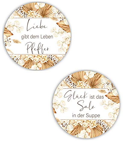 80 Sticker Aufkleber Salz & Pfeffer Liebe & Glück weiß & beige mit Pampas-Gras Zubehör Gastgeschenke Hochzeit Selbstgemachtes Tisch-Deko Gewürze