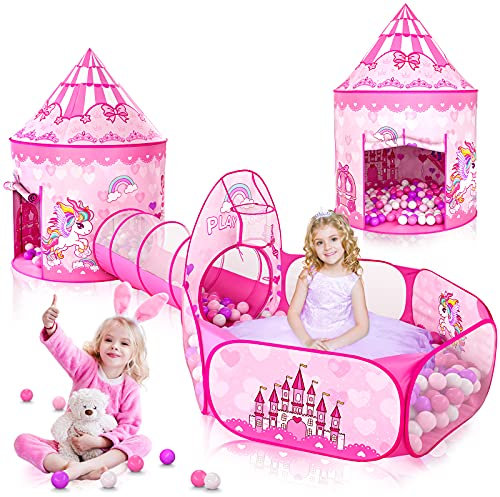 GeerWest Tienda de campaña de princesa para niñas con piscina de bolas y túnel de gateo para niños pequeños, juguetes de casa de juegos rosa para interiores y exteriores para regalos de cumpleaños