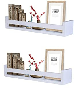 Optimal Products Spice Jar Rack Natural Wood Wooden Wall Mounted Shelves Racks Multi Use Books Shelf Kids Storage Stand Kitchen Bathroom Unit (White (40 x 10 x 9 cm), 2)