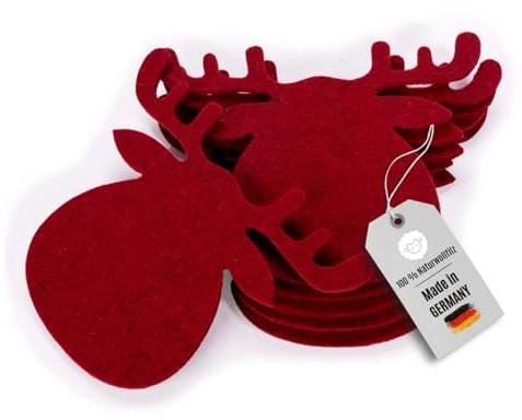 kontor28 - Filz Untersetzer Winter Motiv - 6er Set, Design Untersetzer aus 100% Natur Schurwolle, schmutz -und wasserabweisend, für Getränke, Bar, Tasse, Glas, Motiv Elch rot