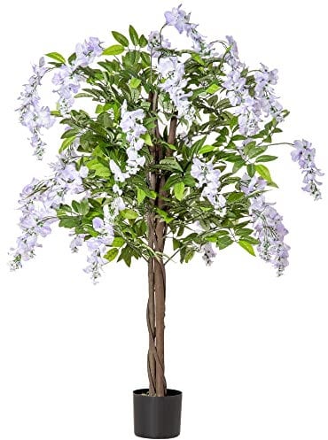 HOMCOM Artificial Realistic Wisteria Flower Tree Faux Decorative Plant in Nursery Pot for Indoor Outdoor Décor, 110cm