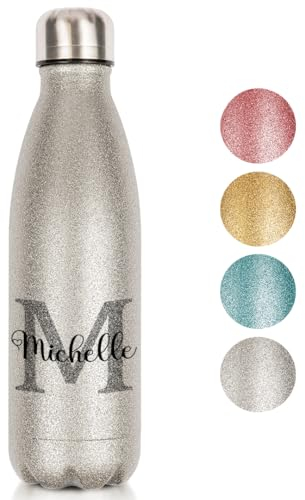Personalisierte Glitzer Thermoflasche 500ml – Trinkflasche mit Namen aus Edelstahl – Thermosflasche Kinder & Erwachsene – Geschenk zur Einschulung, Schule, Büro, Sport – Glitzergeschenk, Silber