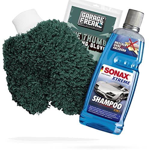 detailmate Autowäsche Bundle - Autoshampoo SONAX Xtreme Shampoo 2in1 1L + Garage Freaks One Thumb Washing Glove - Autopflege Set mit Waschhandschuh und Auto Shampoo