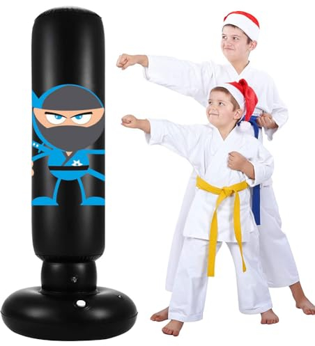 Boxsack Kinder, 160cm Aufblasbare Boxsack Stehend Kinder Standboxsack für Karate, Taekwondo, Boxen, Stress Relief Boxen Ziel Schweres Training Fitness Sandsack-Ninja Blau