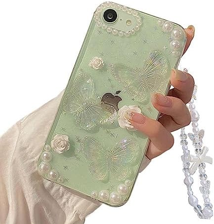 Faneiy for iPhone SE (2022/2020 Release) /7/8 Case with Pearl Phone Charm Chain 3D Butterfly Flower Cute Glitter Phone Case Aesthetic Crystal Clear Floral Case for iPhone SE/7/8 Women Girl