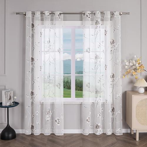 Delien Gardinen mit Ösen Ausbrenner Gardinenschals Transparente Modern Fenster Gardinen mit Blumenmuster Wohnzimmer Flächenvorhänge Deko Ösenschals Vorhang 1 St. Weiß,BxH 140x145cm