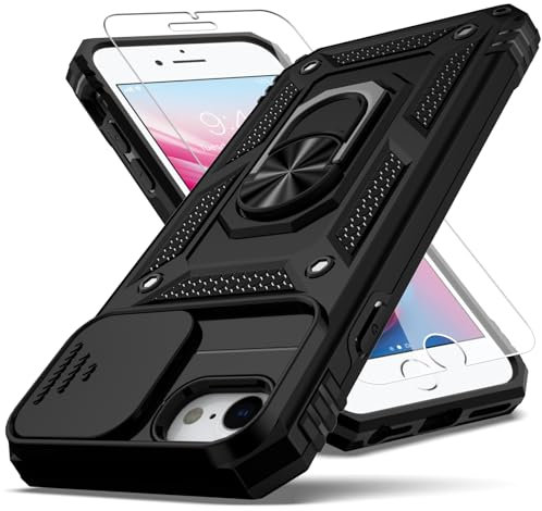 YZOK Coque pour iPhone SE 2022/3e/2020/2e génération/8/7, avec Protection d'écran HD pour Objectif d'appareil Photo, qualité Militaire, Support de Voiture avec béquille pour iPhone 8, Noir