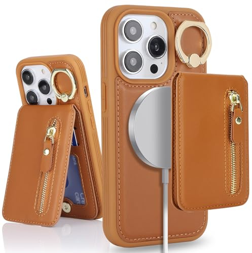 SailorTech iPhone 13 Pro Phone Leather Case with Credit Card Holder Magsafe, iPhone 13 Pro Case Ring Stand with Kickstand Card Slots Wallet Detachable 2-in-1 Zipper Case - Brown