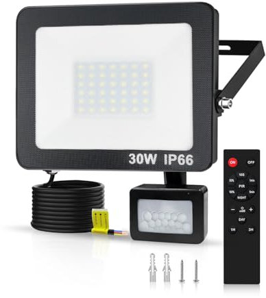 Maxesla 30W Projecteur LED Exterieur Detecteur de Mouvement Projecteur Étanche Spot, 3000LM Spot LED Extérieur avec Télécommande,6500K Blanc Froid Projecteur Exterieur Detecteur de Mouvement Pour Cour