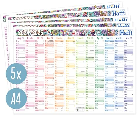 Häfft® 5er-Pack Wandkalender Schuljahr 2024/2025 A4 quer Brot & Schwein kleiner Tafelkalender, Schuljahreskalender, Tischkalender mit Feiertagen - nachhaltig & klimafreundlich